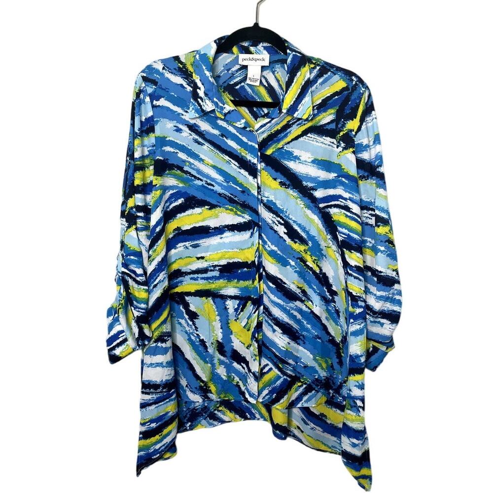 Women's Peck & Peck Blouse Button Down Pointed Collar Long Sleeve Top L Abstract